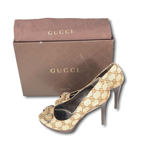 GUCCI Open Toe Horsebit Monogram Heels (IT 37.5)