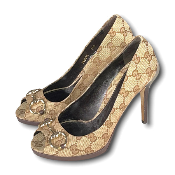 GUCCI Open Toe Horsebit Monogram Heels (IT 37.5)