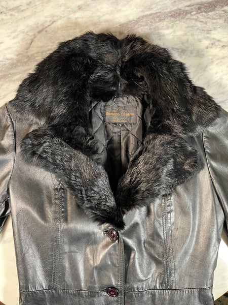 Vintage Black Leather Coat + Fox Fur Collar (XS-S)