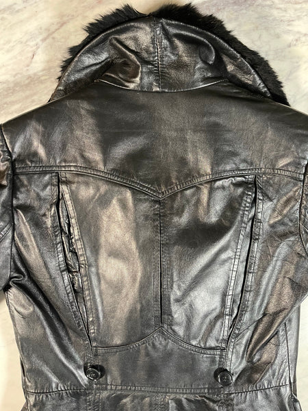 Vintage Black Leather Coat + Fox Fur Collar (XS-S)