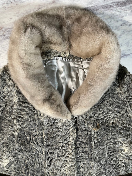 Vintage Grey Curly Persian Lambswool Fur + Blonde Mink Collar Swing Coat (S-L)