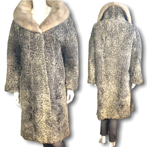 Vintage Grey Curly Persian Lambswool Fur + Blonde Mink Collar Swing Coat (S-L)