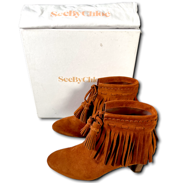 SEE BY CHLOÉ Brown Suede Fringe Boots (EUR 38/US 7.5)